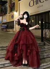 BXOXO Sexy Ball Gown Strapless Burgundy Tulle Birthday Dresses Night Party Dress HOT1159