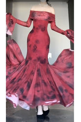 BXOXO Retro Mermaid Off The Shoulder Floral Red Long Sleeves Party Dresses Birthday Outfits HOT1172