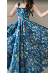 BXOXO - Vintage A line Spaghetti Straps Royal Blue Floral Long Birthday Dresses Prom Dress Birthday Outfits HOT1187