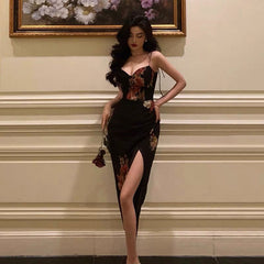 BXOXO Sexy Sheath Spaghetti Straps Black Floral Slit Prom Dresses Birthday Outfits HOT753