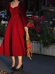 Bxoxo Elegant Velvet Midi Dress Women Vintage Korean Slim V Neck A Line Fairy Dress Female Autumn Long Sleeve All-Match Party Vestidos