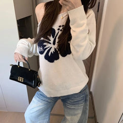 Bxoxo Vintage Elegant Off Shoulder Sweater Women Sexy White Knitwear Long Sleeve Jumper Slash Neck Loose Harajuku Pullovers