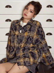 Bxoxo Autumn Tie Dye Plaid Shirt for Women Y2K American Loose Single Breasted Female Tops Korean Streetwear Casual Long Sleeve Blouse