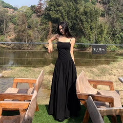 Bxoxo Elegant Hepburn Camis Dress for Women Summer Fashion Spaghetti Straps Midi Dress Y2K Aesthetic Holiday Black Vestidos Mujer