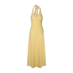 Bxoxo Elegant Sweet V-neck Long Dress Women Butter Yellow Casual Sexy Beach Midi Dresses Korean Style Lace Up Dress Backless