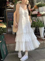 Bxoxo Lace Patchwork Camis Dress Women French Elegant Spaghetti Straps White Dress Y2K Summer Sweet Bohemia Femme A-Line Vestidos