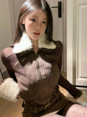 BXOXO Autumn Khaki Vintage Jacket Coat Women Lapel Lamb Trend High Street Warm Coat Female 2024 New Style Chic Slim Short Retro Coat