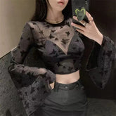 Bxoxo Sexy Mesh See Through Crop T Shirt Women Korean Butterfly Embroidery Lace Bottoming Tops Y2K Fashion Bell Sleeves Black Tees