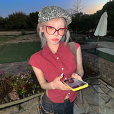 Bxoxo Vintage Plaid Shirt Women Short Sleeve Casual Shirt Y2k Japanese 2000s Blouse And Shirt Fairycore Tee Tops Streetwear