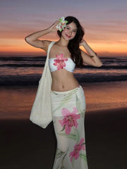 BXOXO Vacation Pretty Women Two-Piece Set 3d Flowers Bandeau Mini Top+See Through Print Bottoms Beach Party Matching Suits