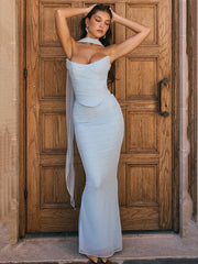 BXOXO Sexy Two Piece Sets Women Neckerchief Strapless Crop Tops And Maxi Skirt Sets Sexy Club Party Skirt Two Piece Sets