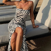 BXOXO Fashion Women's Zebra Print Cami Dress Sleeveless Tie Backless Bodycon Long Dress Summer Beach Party Sun Dress