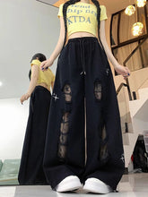 Bxoxo Y2K Hole Wide Leg Pant Women Streetwear Loose High Waist Lace Patchwork Trouser American Vintage Casual Harajuku Bf Pants