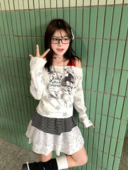 Bxoxo Vintage Y2k Graphic T-shirts Women Harajuku Off Shoulder Kawaii Cartoon Tees Japanese Style Oversize Streetwear T-shirts