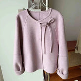 Bxoxo Fashion Faux Wool Black Coat Women Korean Thickened Bow Lace Up Casual Jacket Y2K Autumn Loose Streetwear Female Blends Outwear