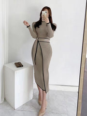 Bxoxo Korean Chic Patchwork Women Midi Dress Y2K Autumn Stand Collar Slim Lace Up Knitted Dress Elegant Office Lady All Match Vestidos