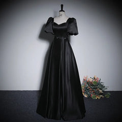 BXOXO Elegant Satin Black Evening Dresses Beaded Ruched Sweetheart Short Sleeves Formal Party Gowns Long Prom Dresses Robe De Soirée