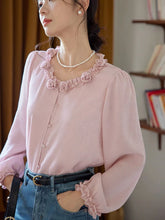 Bxoxo Elegant 3D Floral Blouse Women Vintage Sweet O Neck Long Sleeve Shirt Fall French Retro Casual Female Ruffles All Match Pink Top