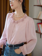 Bxoxo Elegant 3D Floral Blouse Women Vintage Sweet O Neck Long Sleeve Shirt Fall French Retro Casual Female Ruffles All Match Pink Top