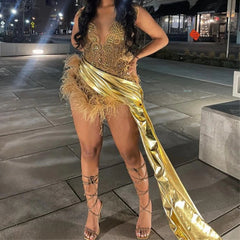 BXOXO Gold Sweetheart Short Prom Dress For Black Girls Bead Crystal Feathers Birthday Party Dresses With Tail Min Cocktail Customized