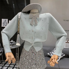 Bxoxo Korean Sweet Diamonds Knit Cardigan Women Autumn Chic Beaded Bow Design Slim Sweaters Solid Long Sleeve Single Breasted Tops