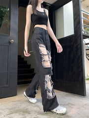 BXOXO New Broken Hole Jeans All-Match Distressed Women High Street Hip Hop High Waist Straight Loose Trousers Y2k Washed Mopping Pants