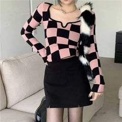BXOXO Y2K Plaid Knitting Sweaters Autumn New Long Sleeve Slim Youth Short Korean Pullovers Top Fashion Temperament Women Clothing