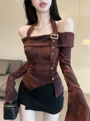 Bxoxo Hot Girl Hanging Neck Off Shoulder Long Sleeved T-shirt for Women New Niche Slim Fit and Slimming Short Top