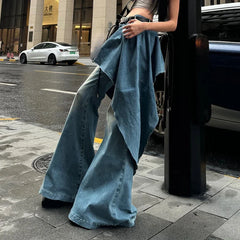 BXOXO Blue Fake Two-piece Jeans Female Autumn and Winter New Retro Niche Design Sense Irregular Skirt Flared Pants Wide-leg Pants