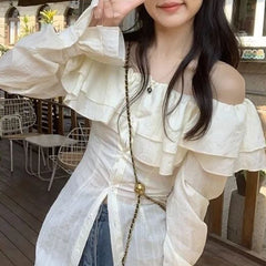 BXOXO Women Fashion Double Layered Ruffle Sexy Off Shoulder Shirts Casual Street Sweet Chic Blouse Female Solid Slim Long Sleeve Tops
