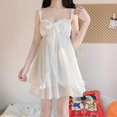 Bxoxo Elegant Sweet Simple Solid White Women Robe Gown Sets Chic Lace Bow Mesh Sleepwear Breathable Slim Nightdress