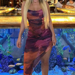 BXOXO Women's Printed Spaghetti Maxi Dress Sexy Backless Strap Cleavage Body-shaping Dresses Lace-up Robe Hipster Streetwear