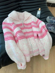 Bxoxo Lazy Wind Women Sweet Cute Cardigan Sweaters Vintage Striped Long Sleeve Loose Knitted Jacket Fall Winter Soft Warm Female Tops