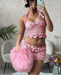 BXOXO Solid Women 2Piece Set Sexy Summer Elastic Halter Backless Slim Crop Tanks+Matching Ruched Ruffle Skirts Clubwear