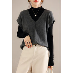 Bxoxo Cashmere Vest Ladies New 100%Pure Wool Knit Waistcoat Spring V-Neck Large Size Sweater Wild Sleeveless Vest Solid Loose Top