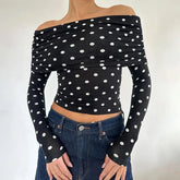 Bxoxo Vintage Elegant Off-shoulder T-shirt Women Casual Full Sleeve Skinny Shirt for Summer Streetwear Basic Tees y2k Aesthetic