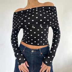 Bxoxo Vintage Elegant Off-shoulder T-shirt Women Casual Full Sleeve Skinny Shirt for Summer Streetwear Basic Tees y2k Aesthetic