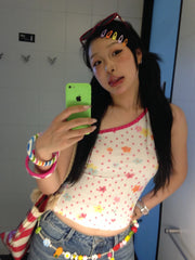 Bxoxo Y2k Japanese Tank Tops Women Patchwork Sleeveless Print Floral Tops Off Shoulder Camis Tops Irregular Summer T-shirts