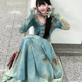 BXOXO Elegant Vintage Tie Dye Slim Fit Fungus Long Sleeve Tops Women+ Y2k High Waist Ruched Skirts 2025 Summer New Two Piece Sets