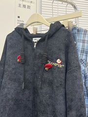 Bxoxo Apple Embroidered Hooded Coats Y2K Fashion Streetwear Loose Zipper Jacket Autumn Star Decorate All Match Sweatshirt Outwear New