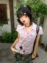 Bxoxo American Retro Plaid Shirt Women Short Sleeve Casual Shirt And Blouse Y2k Vintage Frill Blouse 2000s Japanese Shirts