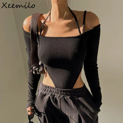 Bxoxo Sexy Off Shoulder Halter Bodysuit Aesthetic Spaghetti Straps Long Sleeve T Shirt Women Slim Fit Party Clubwear Bodysuits