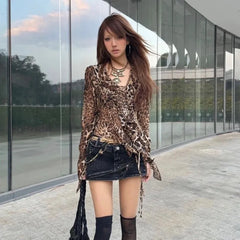 Bxoxo Japanese Y2k Leopard Print Shirt Vintage Harajuku Ruffled Blouses Grunge Aesthetics V-neck Irregular Shirt Trashy 90s