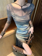 BXOXO American Vintage Tie Dye Mesh Dress for Women Autumn Slim Waist Long Sleeve Vestidos+ Bottoming Strap Two Piece Sets