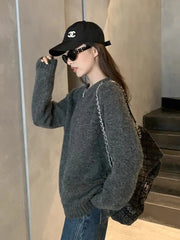 Bxoxo Streetwear Loose Gray Sweaters Women Long Sleeve Vintage Simple Knitted Pullover Korean Fall O Neck Female Retro Jumpers