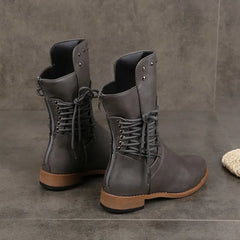 BXOXO Women Mid-Calf Boot Fashion Rivet Knight Boots British Style Autumn Winter Female Shoes Cross Lace Morden Booties Botas Mujer PU