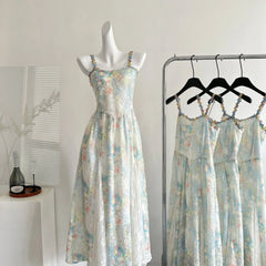 Bxoxo French Style Floral Print Summer Long Dress Sleeveless Princess Sleeve Polo Collar Regular Waistline Spring Outing Travel Clothe