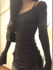 BXOXO Vintage Square Collar Fungus Tee Shirt Spring Autumn Thin Slim Fit T-shirts Y2k E-Girl Long Sleeve Bottoming Tops Women