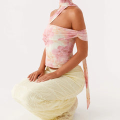 BXOXO Y2k Strapless Floral Tube Top with Neck Scarf Shirt One Shoulder Mesh Ruched Crop Tank Going Out Top for Women