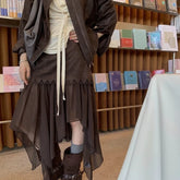 Bxoxo Vintage Brown Mesh Skirts Women Asymmetrical Harajuku Y2k Mid Skirt Japanese Style Streetwear Long Skirts Aesthetics